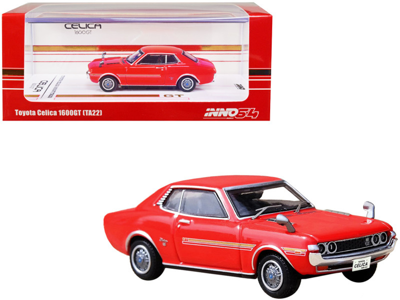 Toyota Celica 1600GT (TA22) RHD (Right Hand Drive) Red with Stripes 1/64 Diecast Model Car by Inno Models