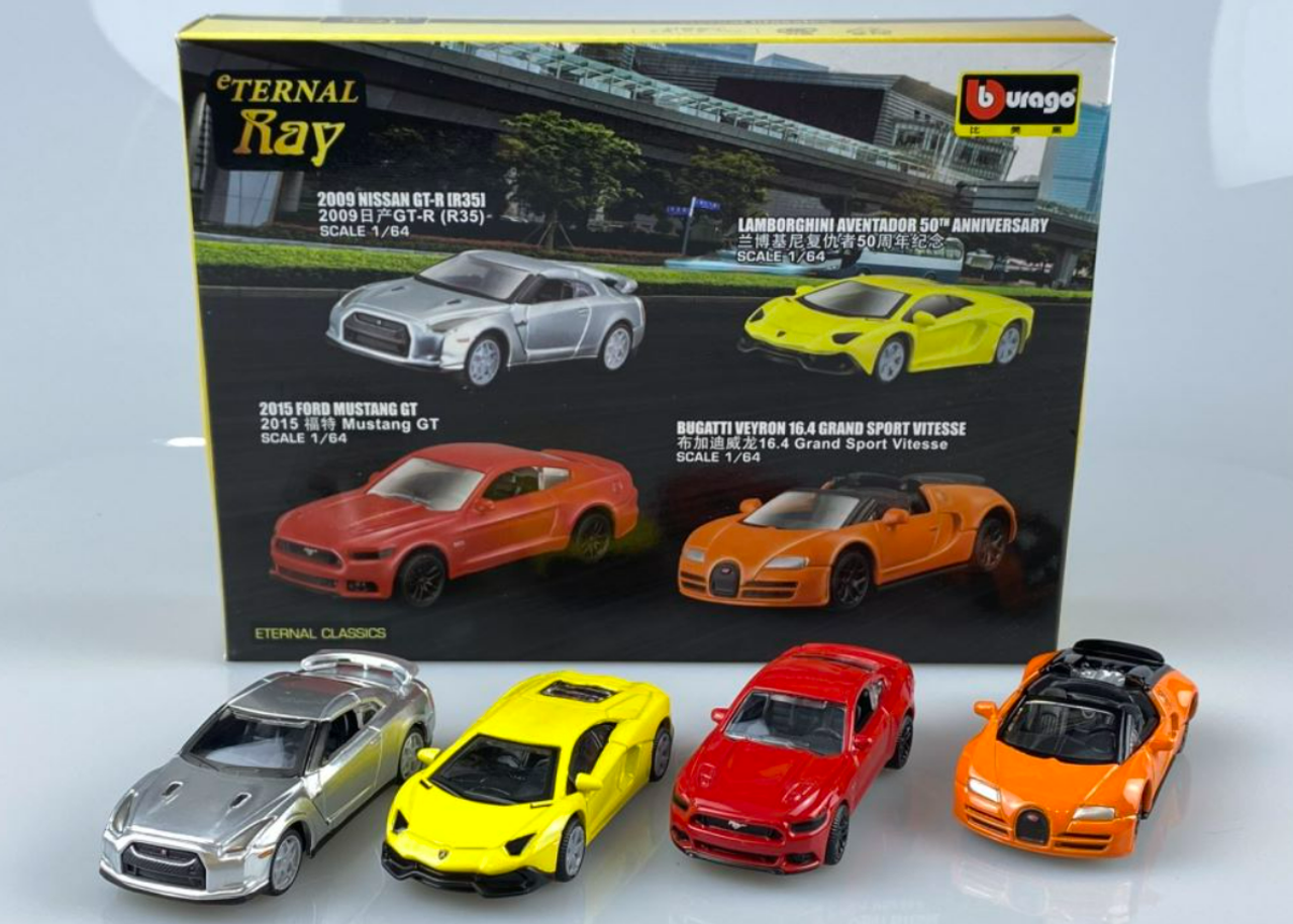 1/64 BBurago 4-Car Set 2009 Nissan GT-R R35, Lamborghini Aventador 50th Anniversary, 2015 Ford Mustang GT, Bugatti Veyron 16.4 Grand Sport Vitesse Car Models