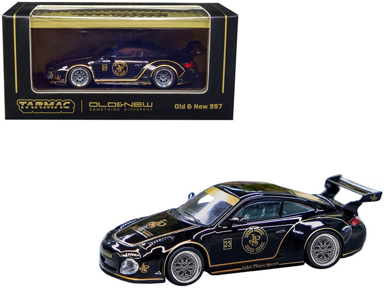 Porsche 997 Old & New Body Kit #23 Black with Gold Graphics "John Player Special" "Hobby64" Series 1/64 Diecast Model Car by Tarmac Works