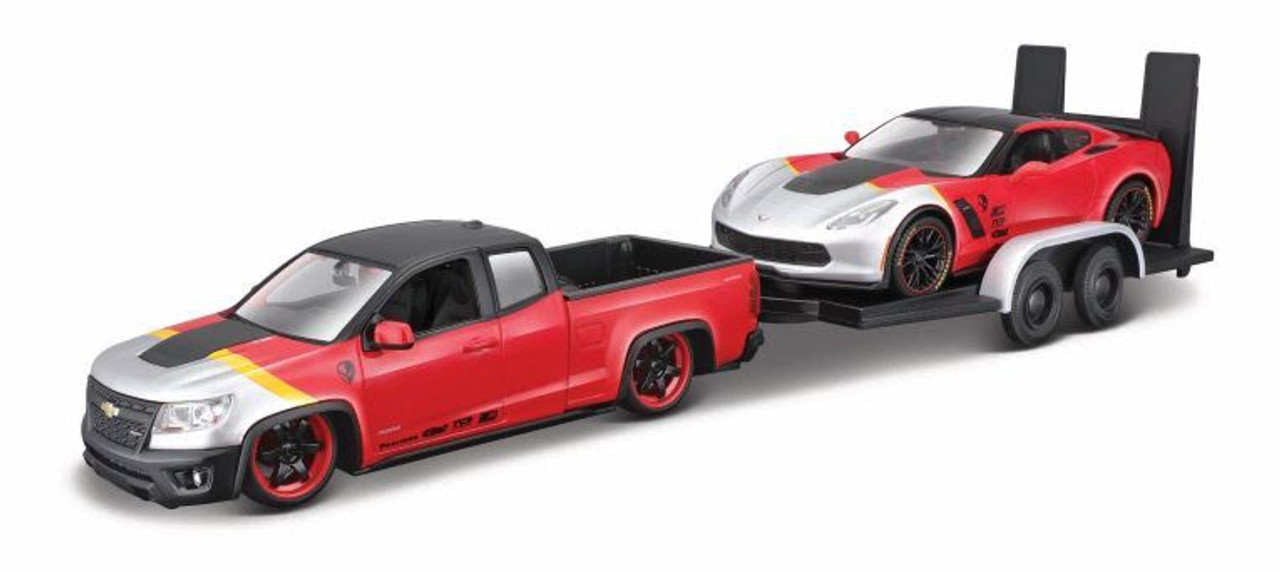 1/24 Maisto 2017 Chevrolet Colorado ZR2 & 2015 Chevrolet Corvette Z06 C7 with Trailer Diecast Car Models