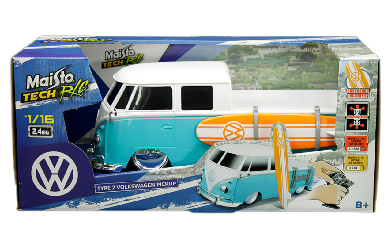 Gymnast Demon Play volleybal 1/16 Maisto Tech R/C Remote Control Volkswagen Pickup Type 2 with Surfboard  (Blue & White) - LIVECARMODEL.com