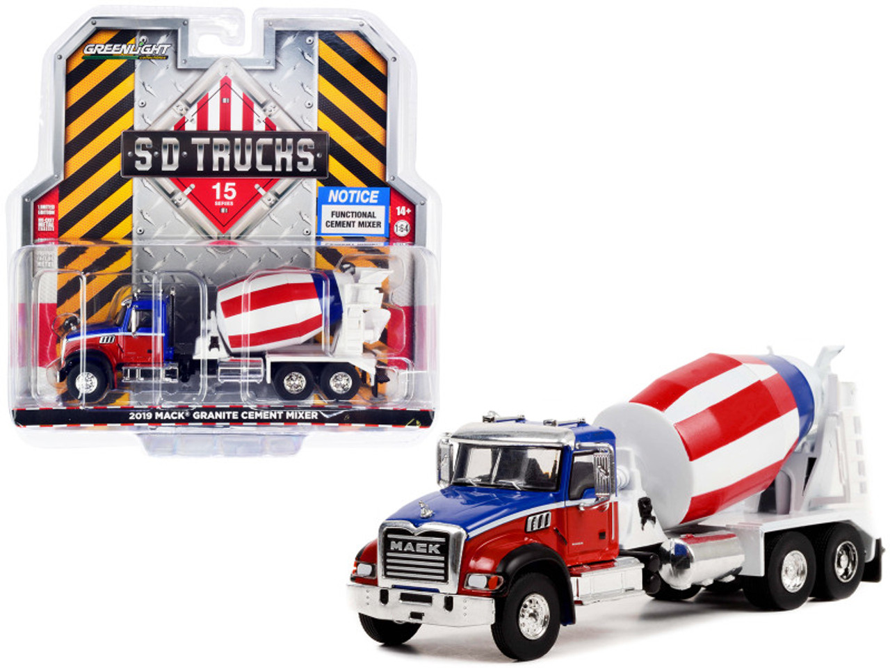 2019 Mack Granite Cement Mixer Red and Blue with White Stripes with Red and White Striped Mixer "S.D. Trucks" Series 15 1/64 Diecast Model by Greenlight