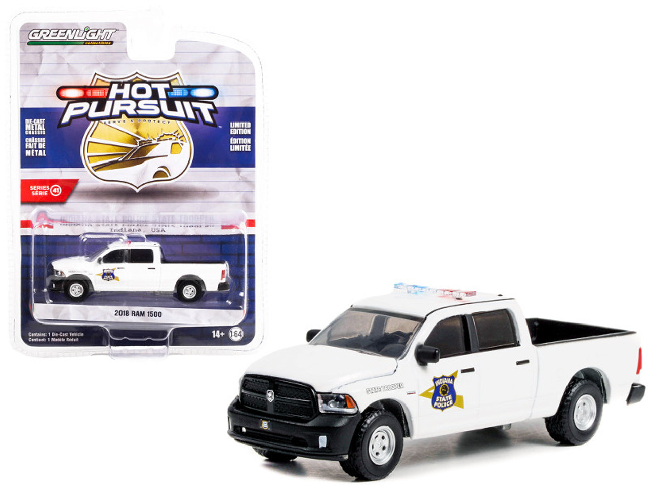 2018 Dodge Ram 1500 Pickup Truck Police White "Indiana State Police State Trooper" "Hot Pursuit" Series 41 1/64 Diecast Model Car by Greenlight