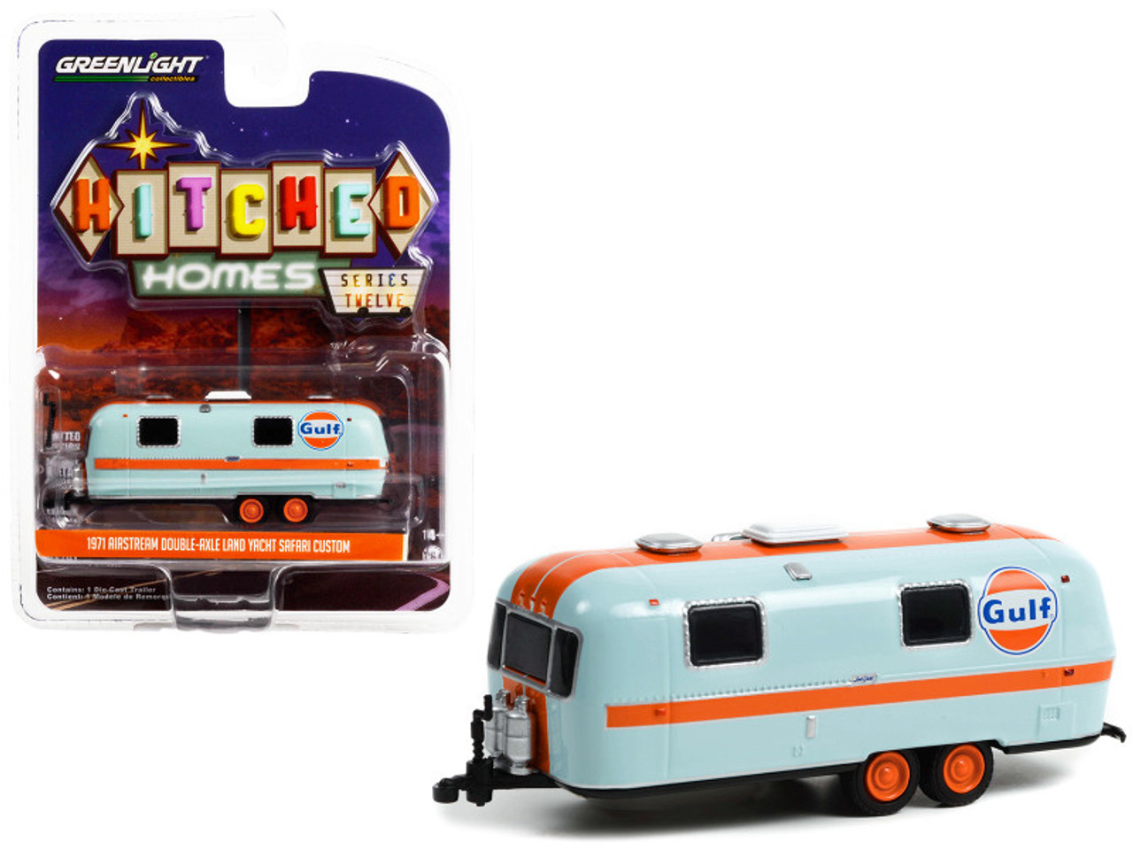 1971 Airstream Double-Axle Land Yacht Safari Custom Travel Trailer Light Blue with Orange Stripes "Gulf Oil" "Hitched Homes" Series 12 1/64 Diecast Model by Greenlight