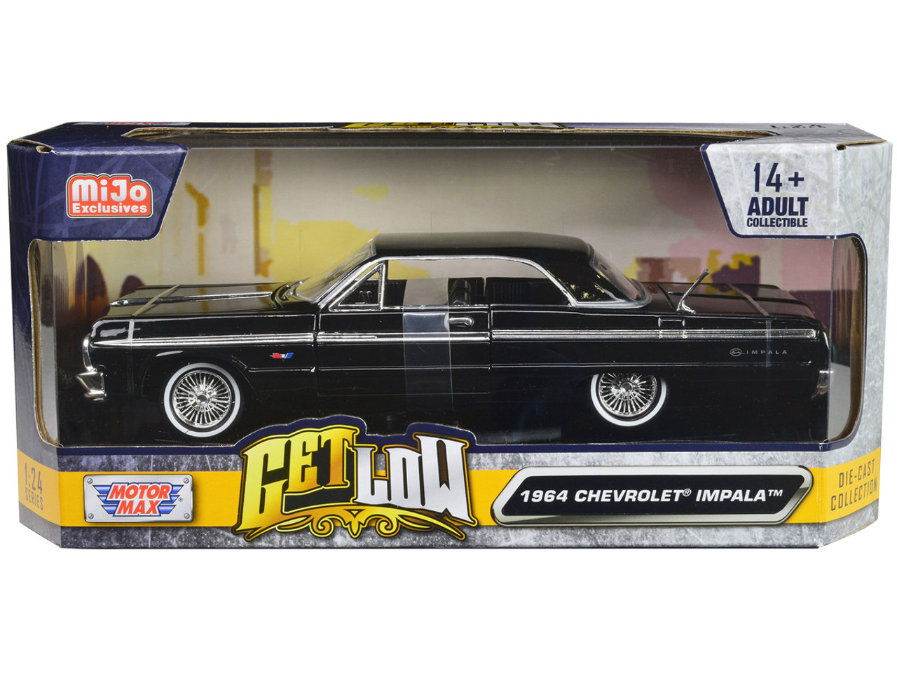 1964 Chevrolet Impala Lowrider Hard Top Black with Silver Top "Get Low" Series 1/24 Diecast Model Car by Motormax