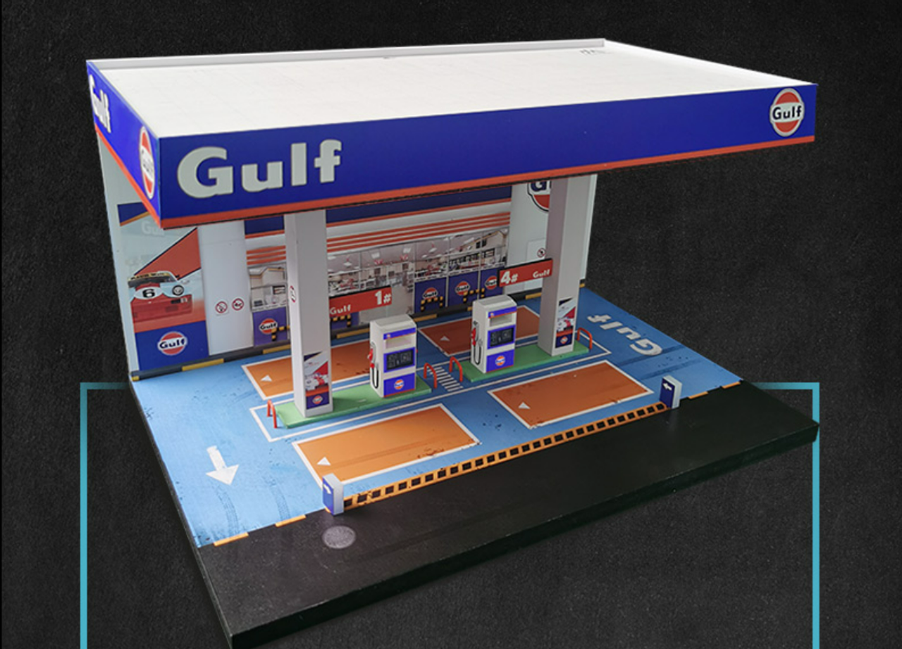 1/64 MoreArt Gulf Gas Station Diorama Scene with Lights (car models & figures NOT included)