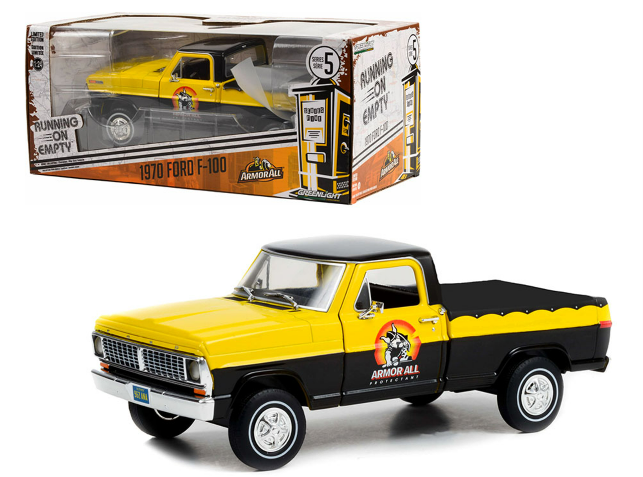 1/24 Greenlight 1970 Ford F-100 with Bed Cover (Yellow & Black) – Armor All – Running On Empty Series 5 Diecast Car Model