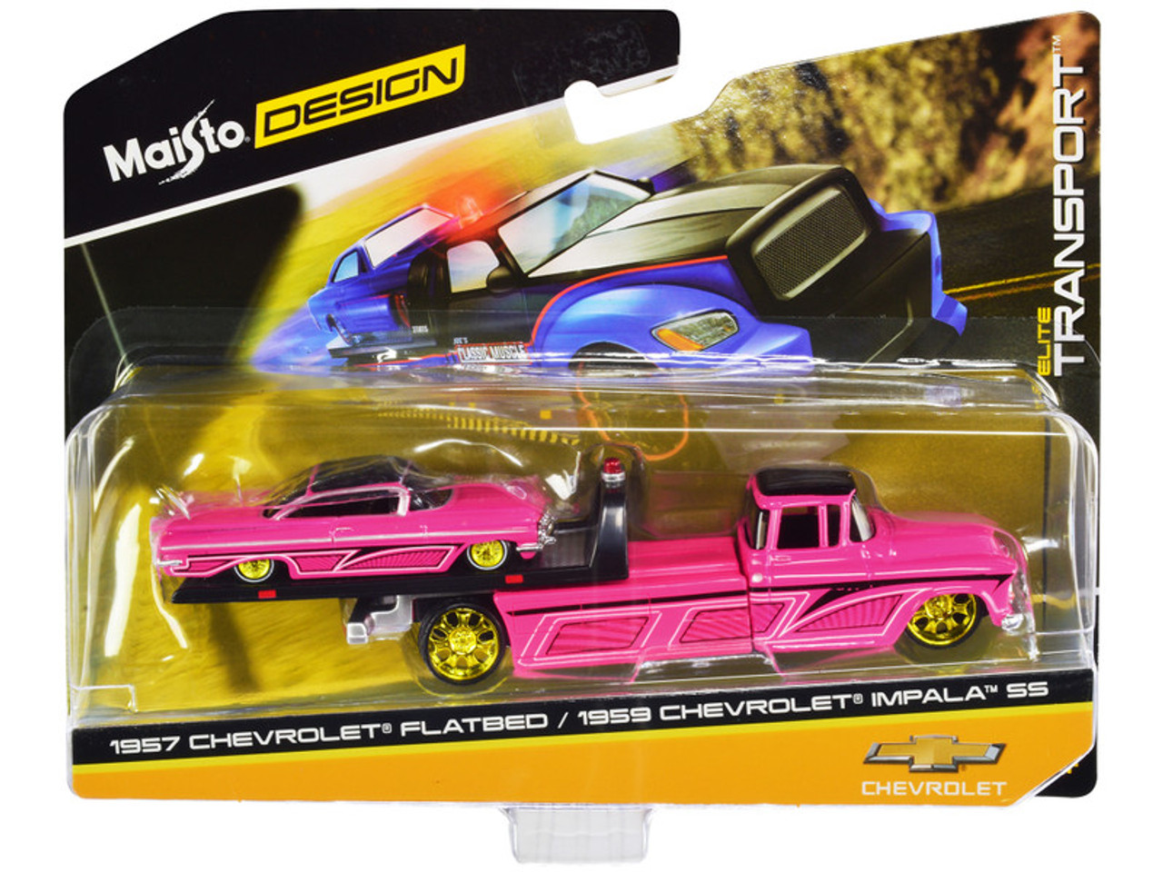 1957 Chevrolet Flatbed Truck and 1959 Chevrolet Impala SS Hot Pink with Black Top and Graphics "Elite Transport" Series 1/64 Diecast Models by Maisto