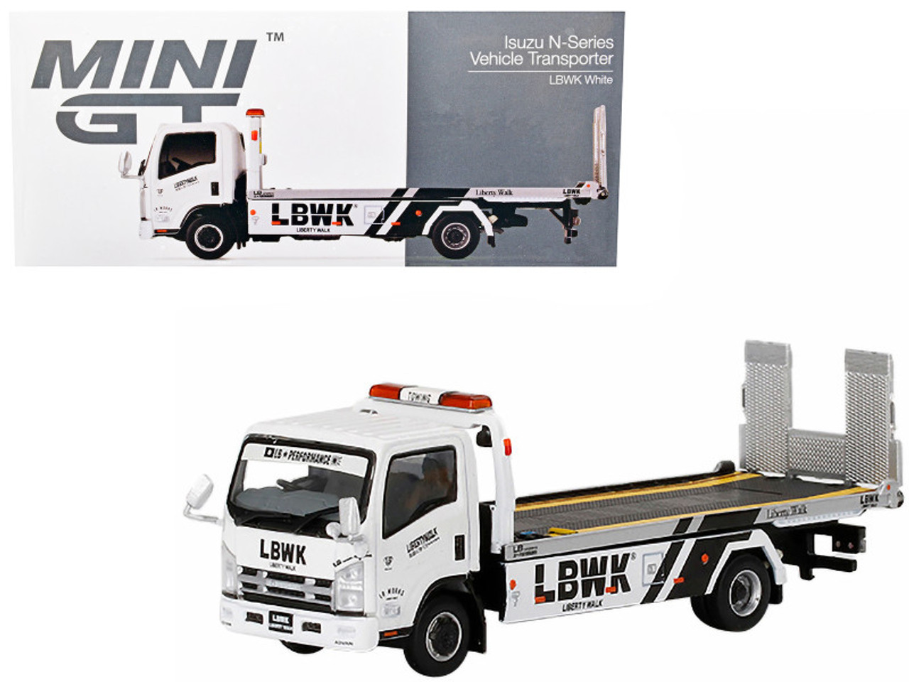 Isuzu N-Series Vehicle Flatbed Transporter RHD (Right Hand Drive) LBWK White LBWK Black 1/64 Diecast Model by True Scale Miniatures