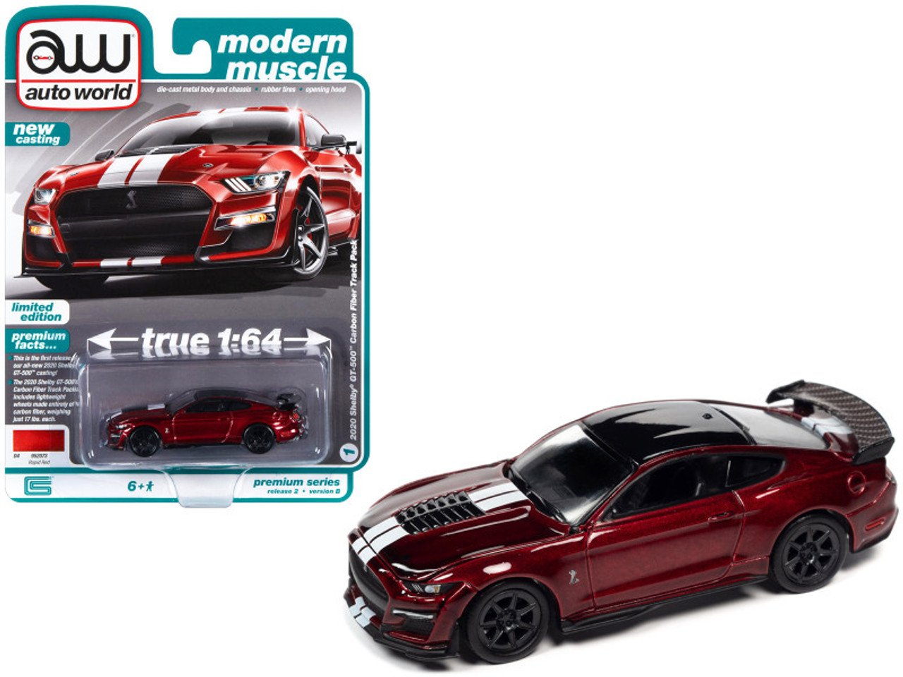 2020 Ford Shelby GT500 Carbon Fiber Track Pack Rapid Red Metallic with White Stripes and Black Top "Modern Muscle" Limited Edition 1/64 Diecast Model Car by Auto World