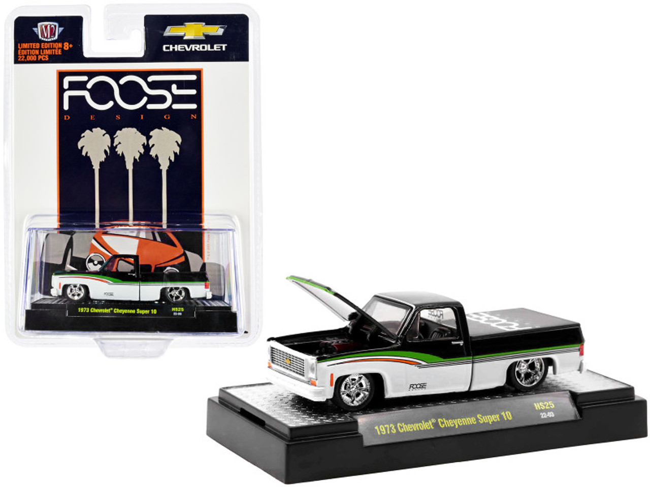 1973 Chevrolet Cheyenne Super 10 Pickup Truck Black and White with Stripes "Foose" Limited Edition to 22000 pieces Worldwide 1/64 Diecast Model Car by M2 Machines