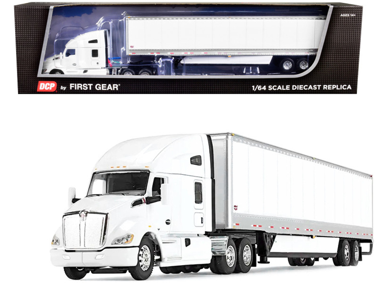 Kenworth T680 76" High Roof Sleeper Cab and 53' Wabash DuraPlate HD Dry Goods Trailer with Skirts White 1/64 Diecast Model by DCP/First Gear