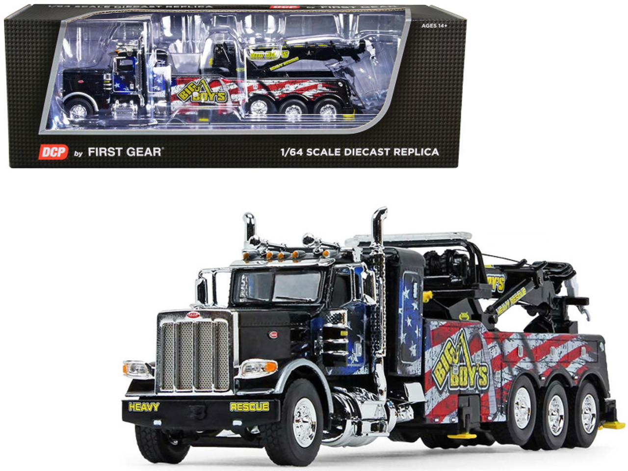 Peterbilt 389 Sleeper Cab with Century 1150 Rotator Wrecker Tow Truck Black "Big Boy's Towing & Recovery" 1/64 Diecast Model by DCP/First Gear