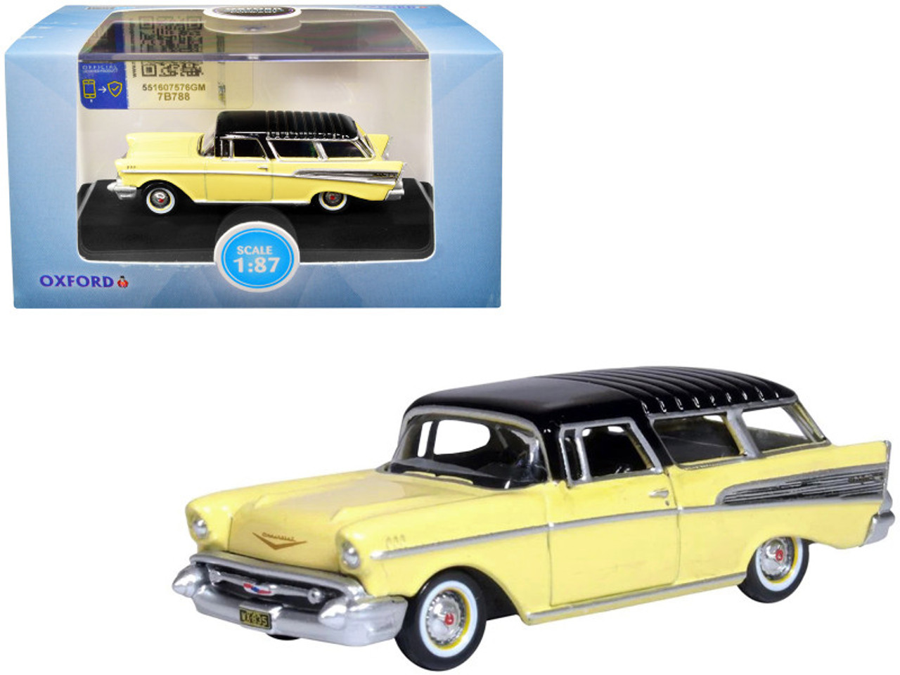 1957 Chevrolet Nomad Colonial Cream with Onyx Black Top 1/87 (HO) Scale Diecast Model Car by Oxford Diecast