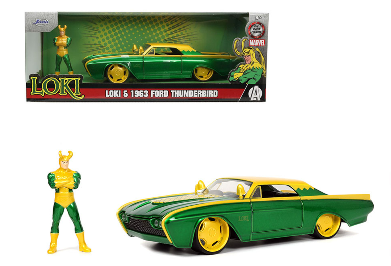 1/24 Jada 1963 Ford Thunderbird With Marvel Loki Figure Hollywood Rides Diecast Car Model