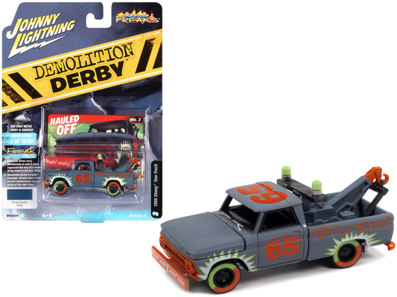 1965 Chevrolet Tow Truck #65 Derby Smoke Gray with Graphics "Demolition Derby" "Street Freaks" Series Limited Edition to 15196 pieces Worldwide 1/64 Diecast Model Car by Johnny Lightning