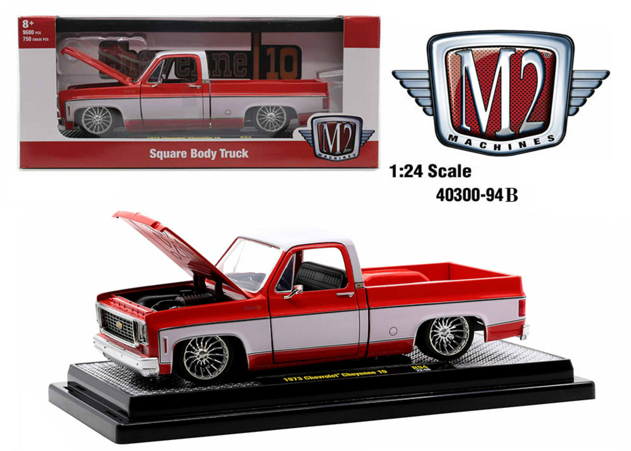 1/24 M2 Machines 1973 Chevrolet Cheyenne 10 Square Body Truck (Flame Red With Bright White) Diecast Car Model