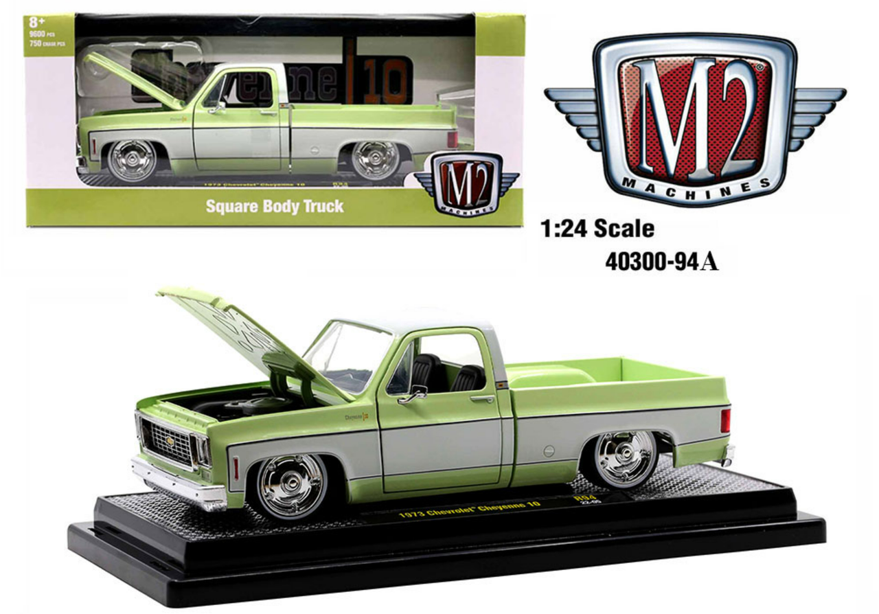1/24 M2 Machines 1973 Chevrolet Cheyenne 10 Square Body Truck (Light Olive Green With Bright White) Diecast Car Model