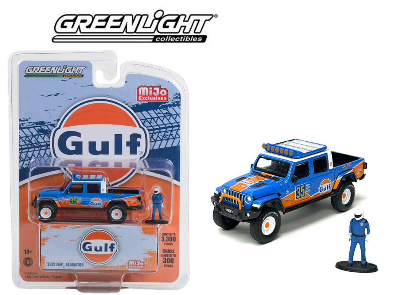 2021 Jeep Gladiator Pickup Truck #35 "Gulf Oil" and Driver Figure Limited Edition to 3300 pieces Worldwide 1/64 Diecast Model Car by Greenlight