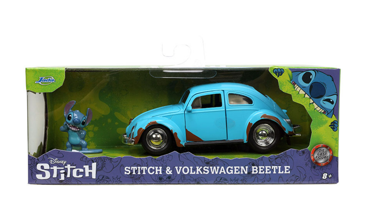1/32 Jada Volkswagen Beetle (Blue with Dirt) and Stitch Figure Car Model