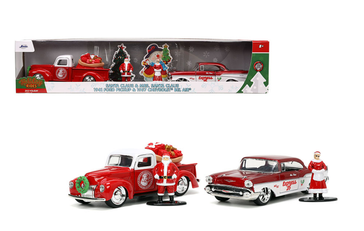 1/32 Jada 1941 Ford Pickup & 1957 Chevrolet Bel Air with Santa Claus and Mrs. Santa Claus Figures