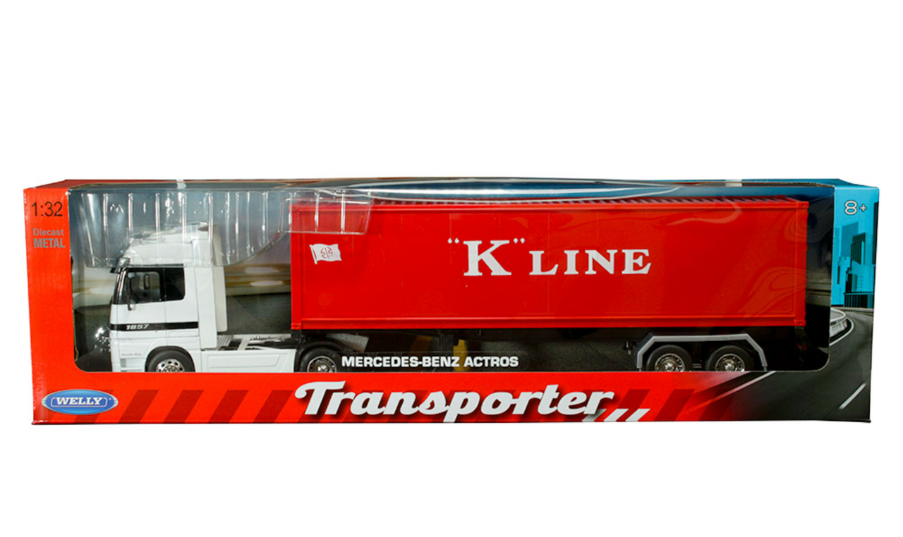 1/32 Welly Mercedes-Benz Actros “K”Line Trailer (White and Red) Transporter Diecast Car Model