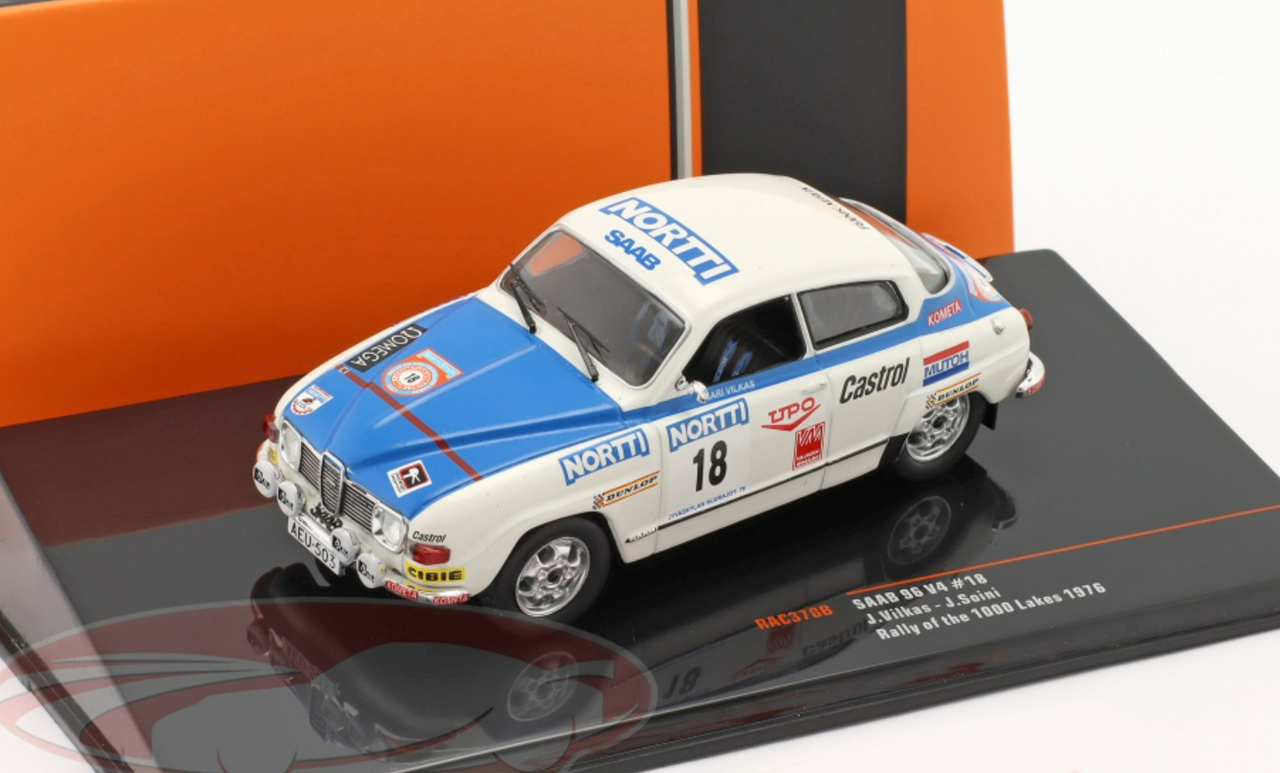 1/43 Ixo 1976 Saab 96 V4 #18 8th Rallye 1000 Lakes Jari Vilkas, Juhani Soini Car Model