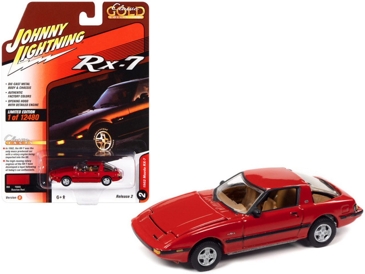 1982 Mazda RX-7 Sunrise Red with Black Stripes "Classic Gold Collection" Series Limited Edition to 12480 pieces Worldwide 1/64 Diecast Model Car by Johnny Lightning