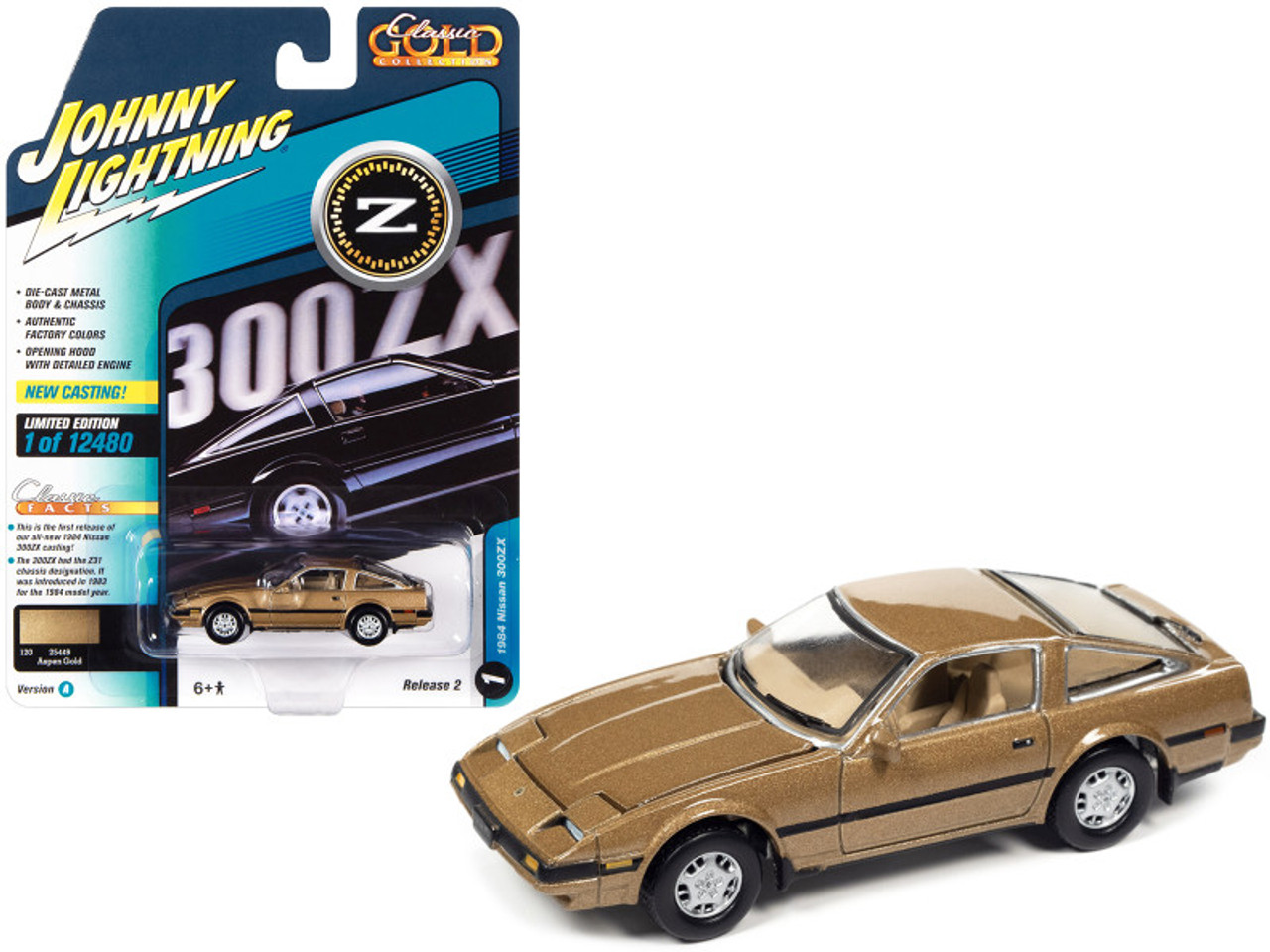 1984 Nissan 300ZX Aspen Gold Metallic with Black Stripes "Classic Gold Collection" Series Limited Edition to 12480 pieces Worldwide 1/64 Diecast Model Car by Johnny Lightning