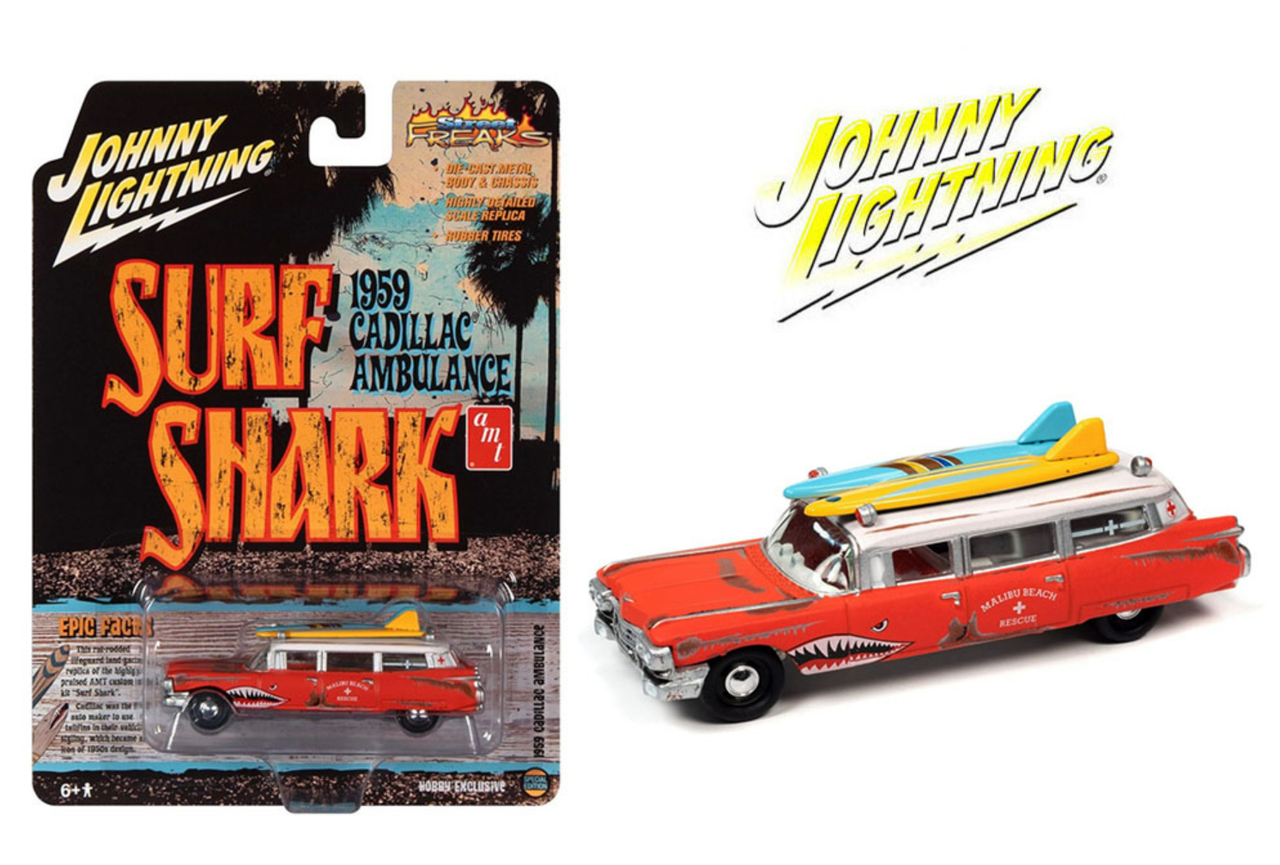 1/64 Johnny Lightning Hobby Exclusive 1959 Cadillac Ambulance Surf Shark Diecast Car Model