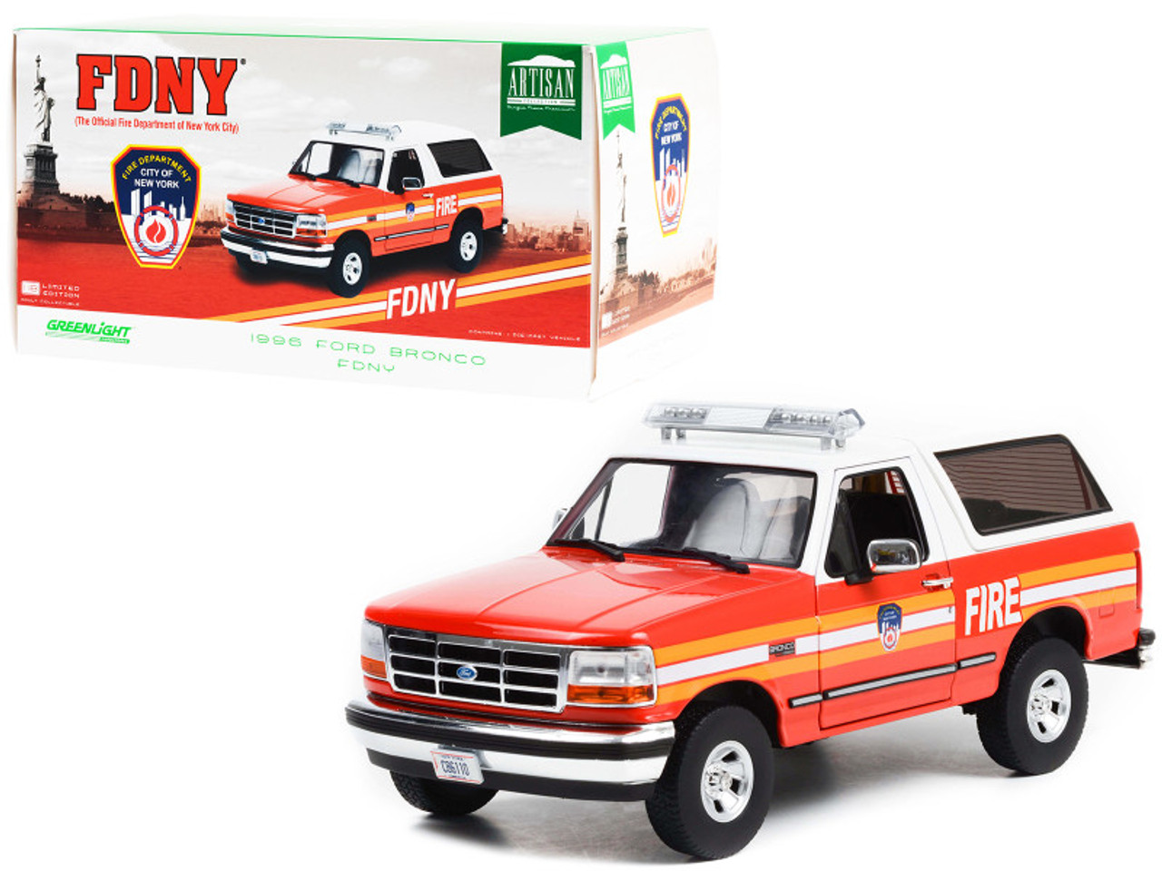 1/18 Greenlight 1996 Ford Bronco Police Red and White FDNY (The Official Fire Department the City of New York) "Artisan Collection" Diecast Car Model