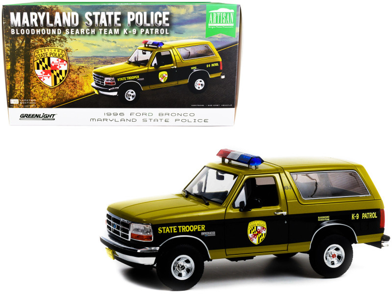 1/18 Greenlight 1996 Ford Bronco Maryland State Police State Trooper "Bloodhound Search Team - K-9 Patrol" "Artisan Collection" Diecast Car Model