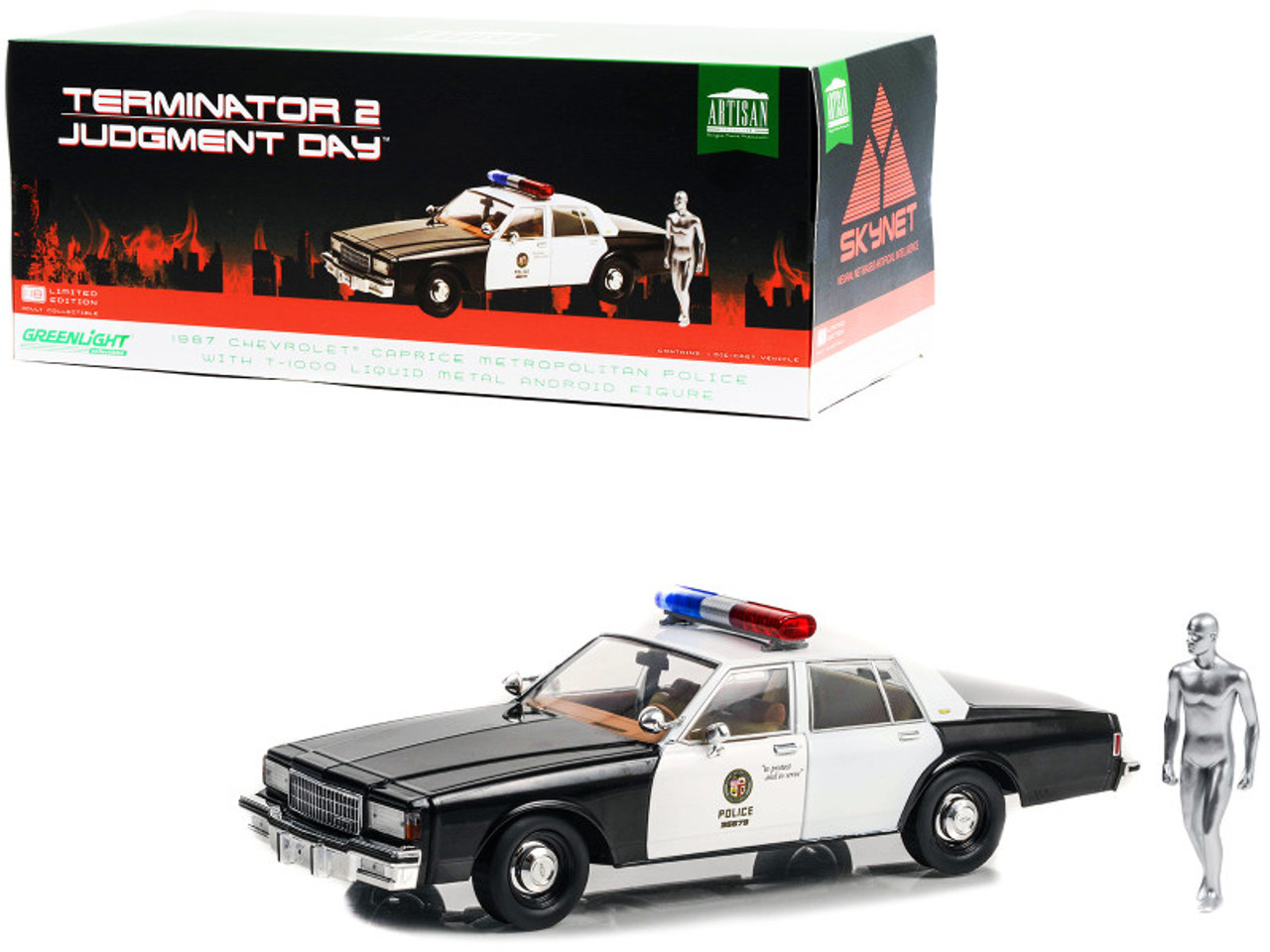 1/18 Greenlight 1987 Chevrolet Caprice Metropolitan Police Black and White with T-1000 Liquid Metal Android Diecast Figure "Terminator 2: Judgment Day" (1991) Movie "Artisan Collection" Diecast Car Model