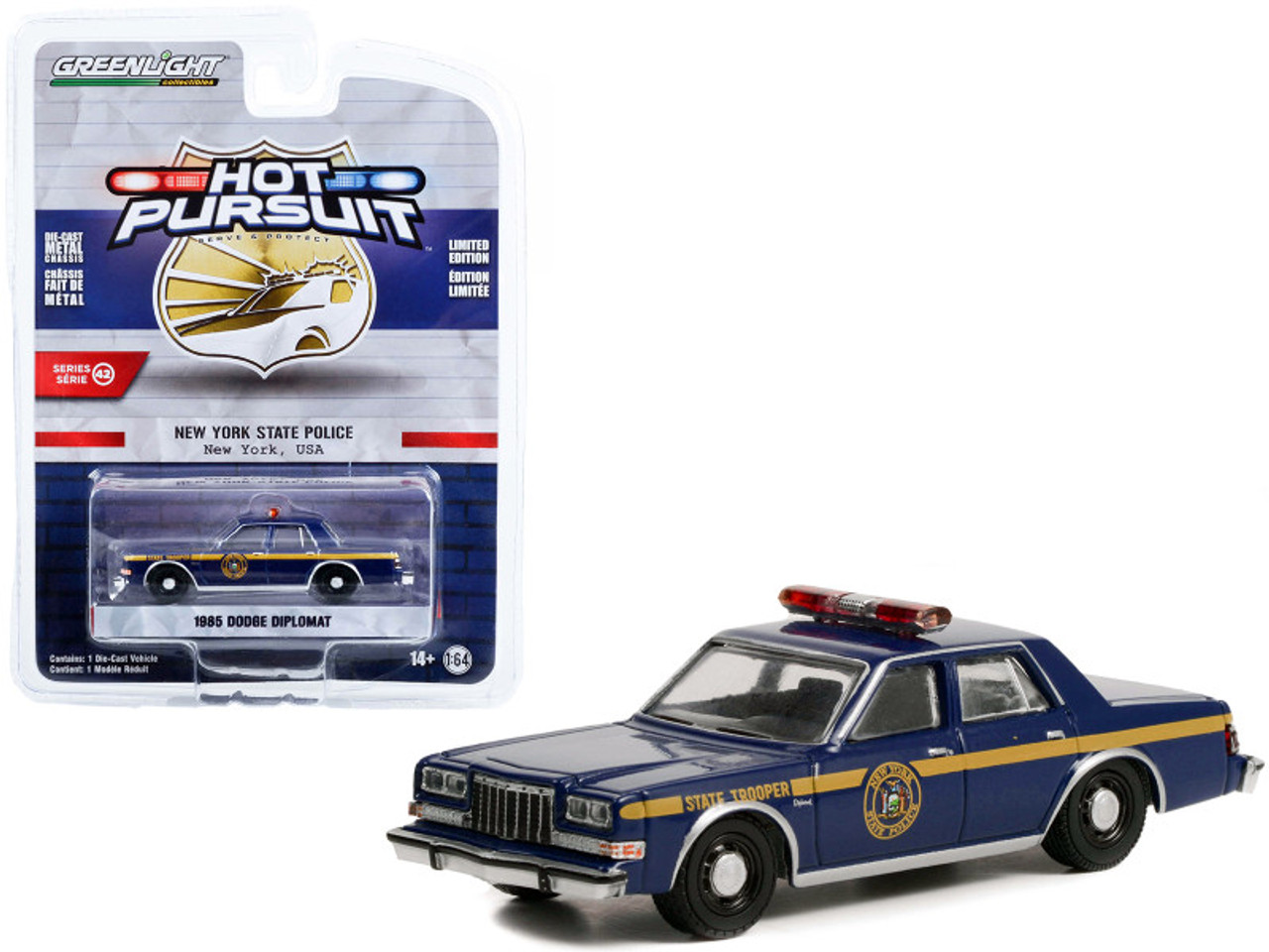 1985 Dodge Diplomat Police Dark Blue "New York State Police State Trooper" "Hot Pursuit" Series 42 1/64 Diecast Model Car by Greenlight