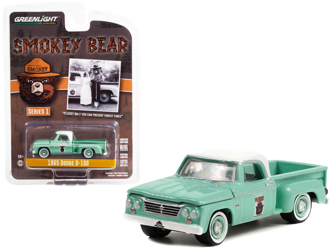 1965 Dodge D-100 Pickup Truck Light Green with White Top "Please! Only You Can Prevent Forest Fires" "Smokey Bear" Series 1 1/64 Diecast Model Car by Greenlight