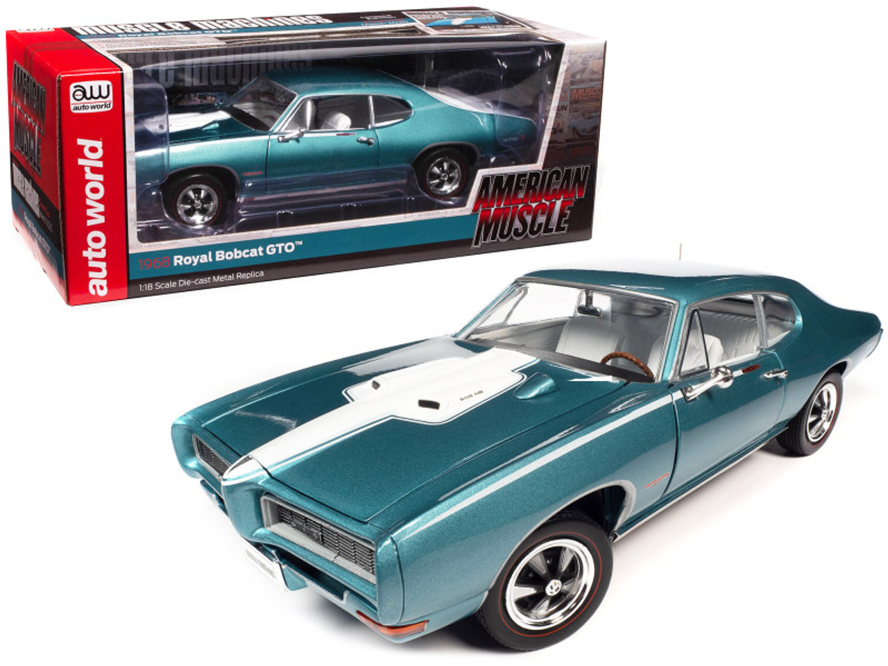 1/18 Auto World 1968 Pontiac Royal Bobcat GTO (Meridian Turquoise Blue & White with White Interior) "Hemmings Muscle Machines" Magazine Cover Car (March 2020) Diecast Car Model