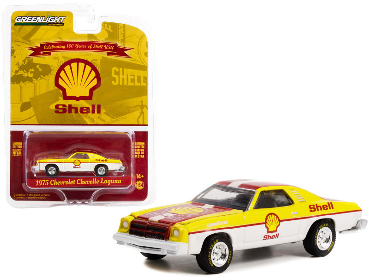 1975 Chevrolet Chevelle Laguna Yellow and White with Red Stripes "Shell Oil 100th Anniversary" "Anniversary Collection" Series 14 1/64 Diecast Model Car by Greenlight