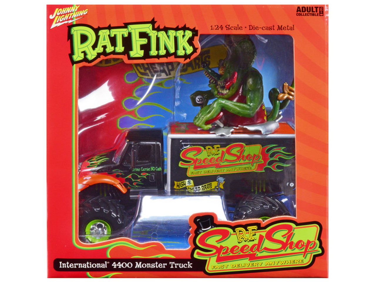 International 4400 Monster Truck Matt Black with Flames and Rat Fink Figure Attached "Rat Fink Speed Shop" 1/24 Diecast Model by Johnny Lightning