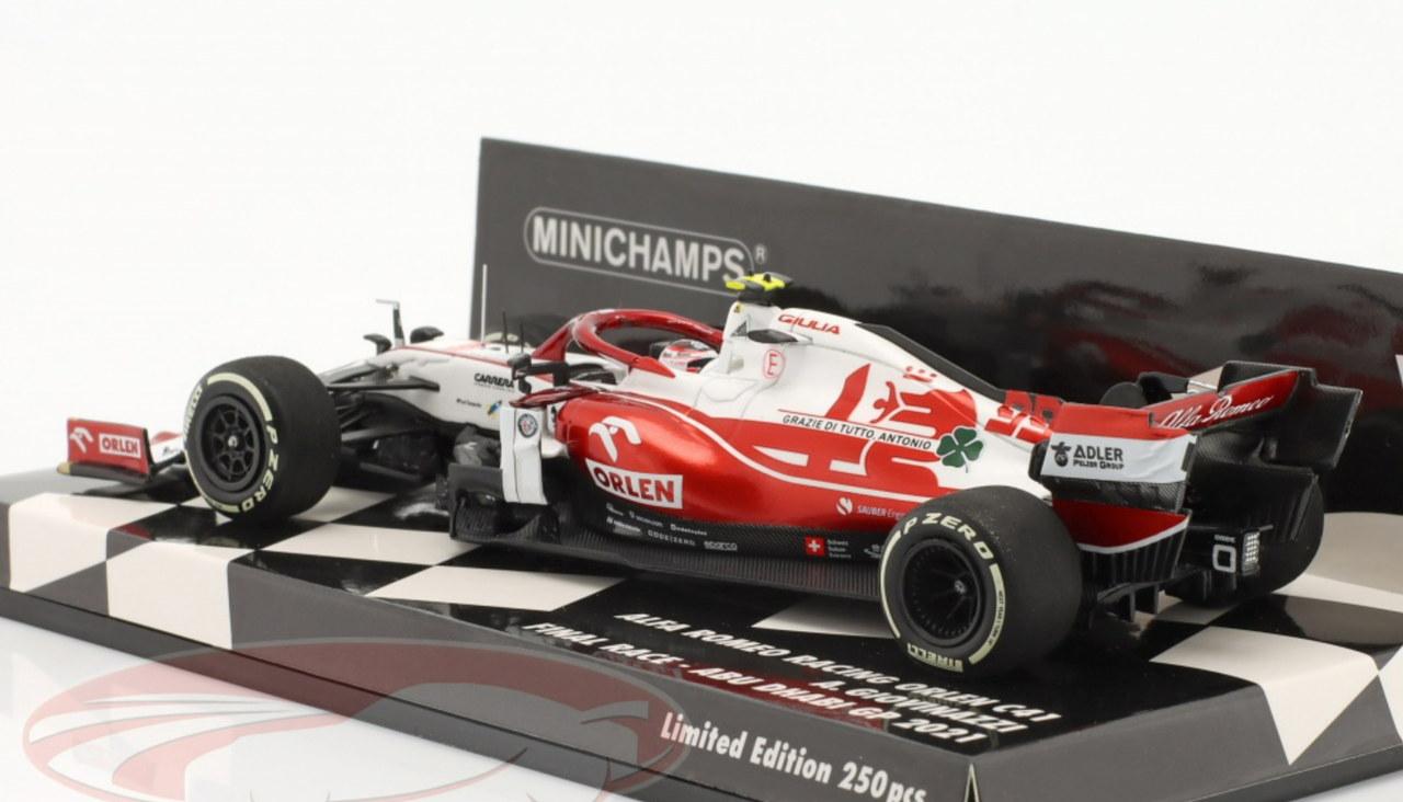 1/43 Minichamps 2021 Formula 1 Antonio Giovinazzi Alfa Romeo Racing C41 #99 Last Race Abu Dhabi GP Car Model