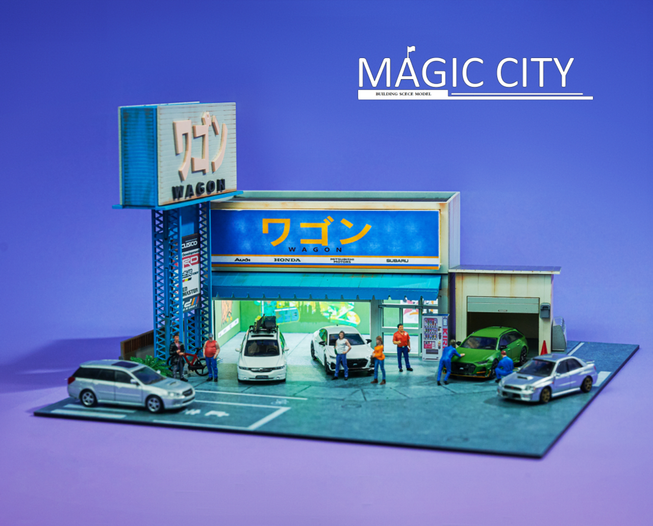 1/64 Magic City Japan Wagon Custom Body Shop Diorama (cars & figures NOT included)