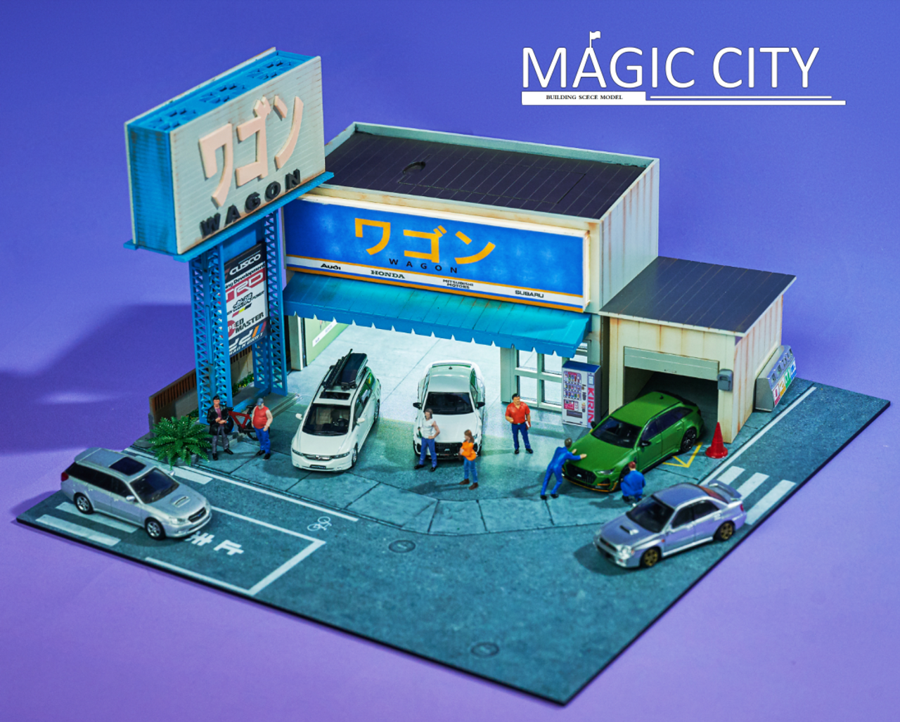 1/64 Magic City Japan Wagon Custom Body Shop Diorama (cars & figures NOT included)