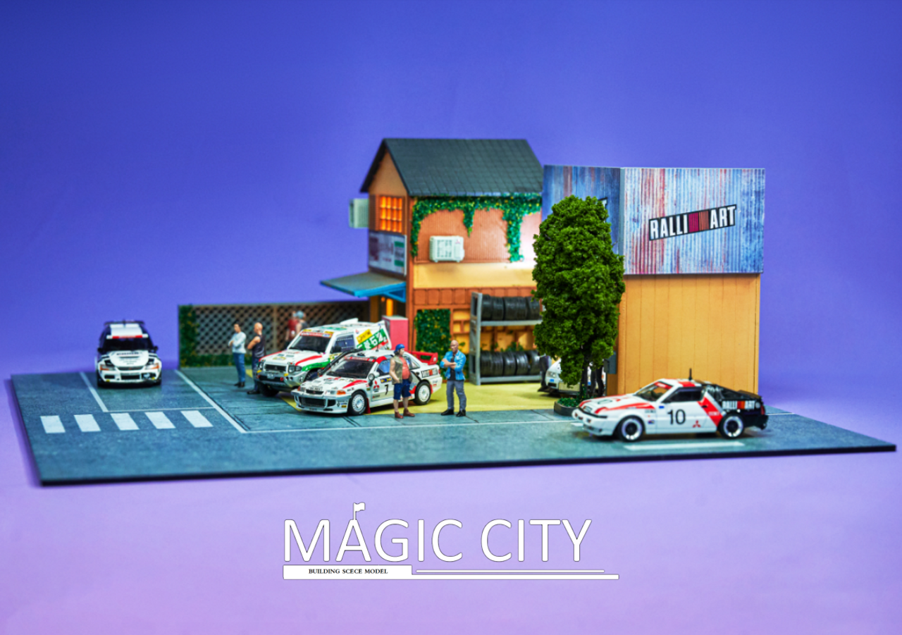 1/64 Magic City Japan Mitsubishi Ralliart Custom Body Shop Diorama (cars & figures NOT included)