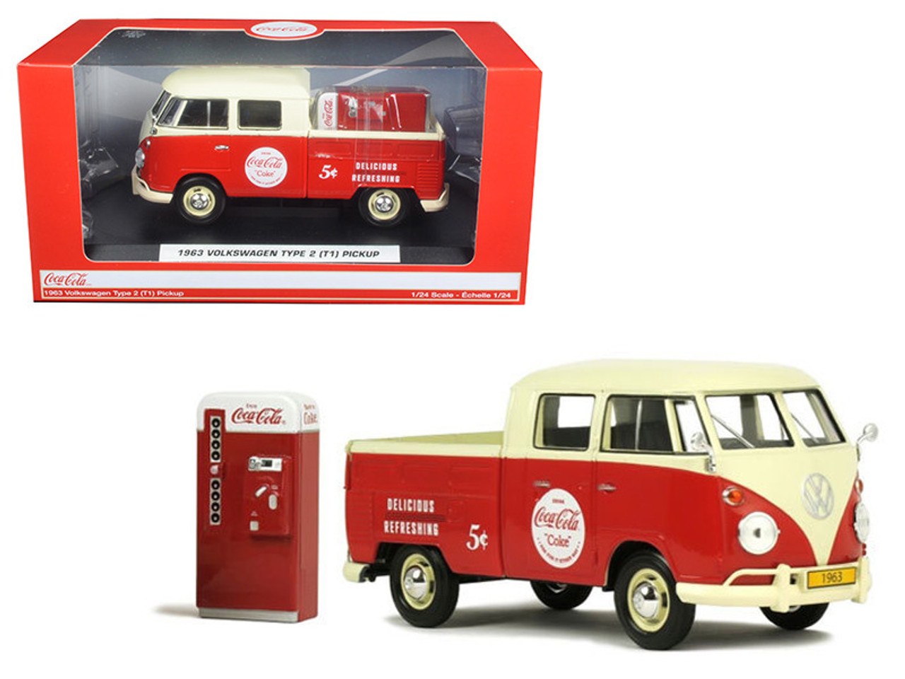 1963 Volkswagen Type 2 T1 Coca Cola Pickup with Metal Vending Machine 1/24 Diecast Model Car by Motor City Classics