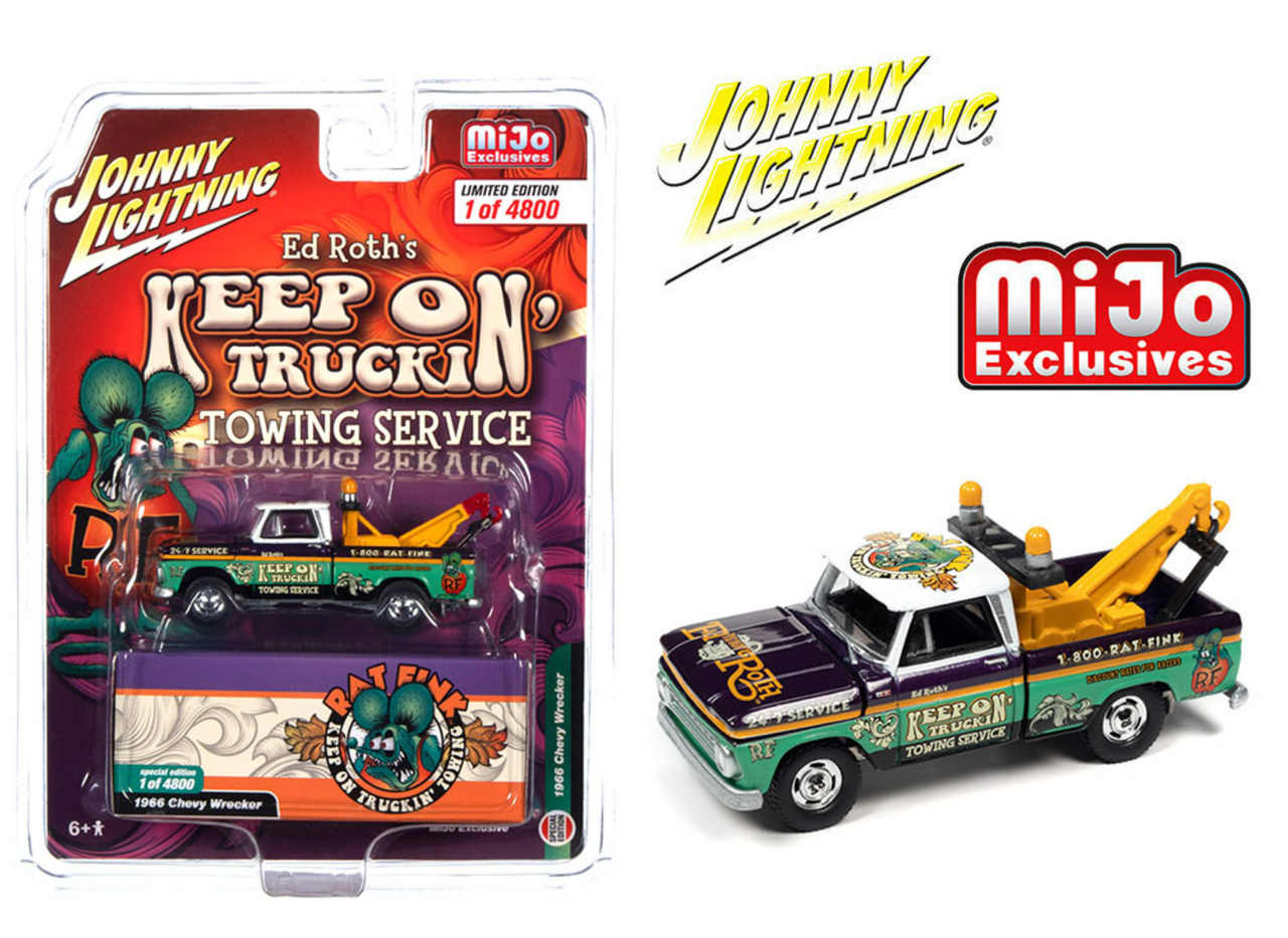 1/64 Johnny Lightning Chevrolet Wrecker 1966 Ed Roth’s Ratfink Towing Service Diecast Car Model