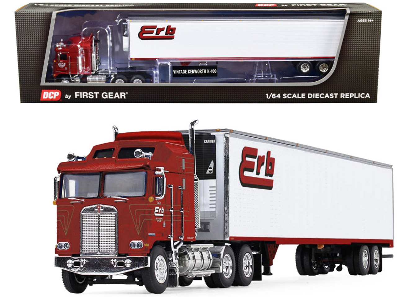 Kenworth K100 COE Aerodyne Sleeper Cab and 53' Utility Trailer with Reefer Red "Erb Transport" 1/64 Diecast Model by DCP/First Gear