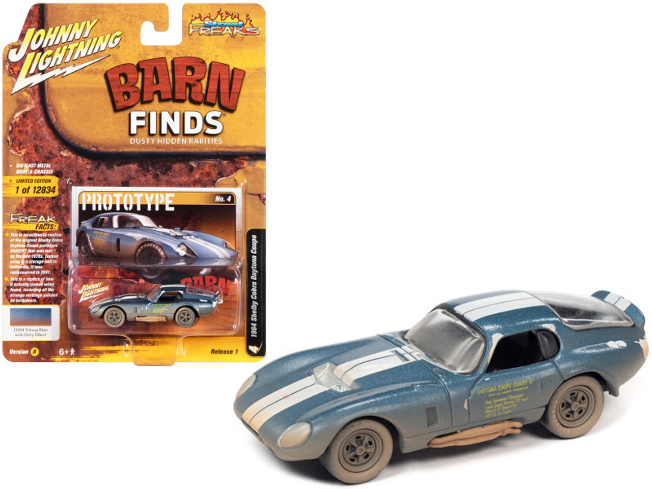 1964 Ford Shelby Cobra Daytona Coupe Viking Blue Metallic with White Stripes (Weathered) "Barn Finds" Limited Edition to 12834 pieces Worldwide "Street Freaks" Series 1/64 Diecast Model Car by Johnny Lightning