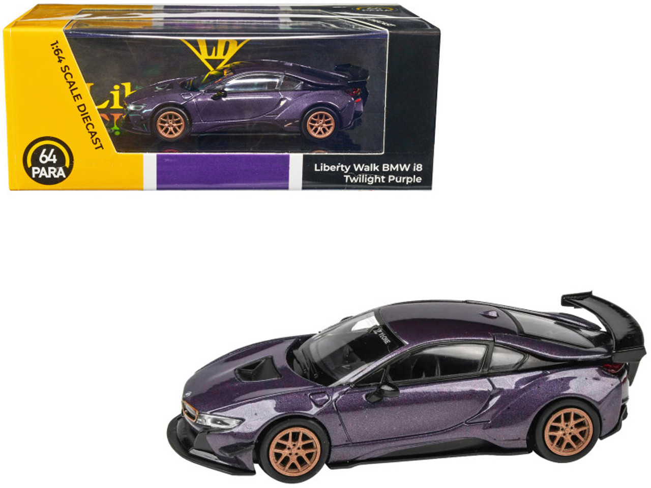 BMW i8 Liberty Walk Twilight Purple Metallic with Gold Wheels 1/64 Diecast Model Car by Paragon Models