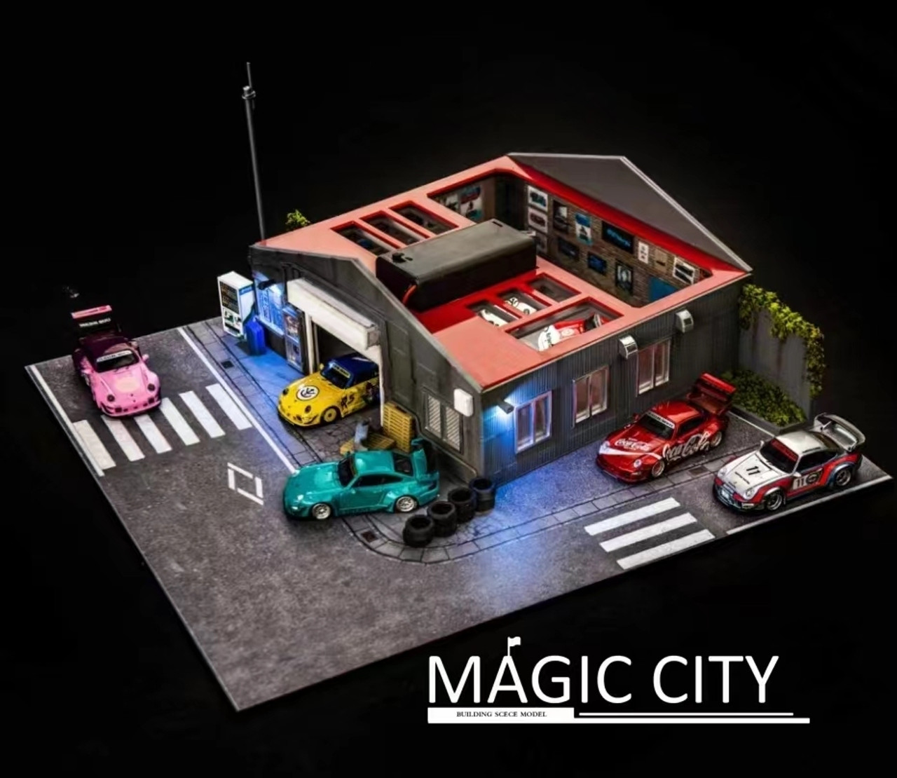 1/64 Magic City Porsche RWB RAUH-Welt Begriff Body Shop Diorama (cars & figures NOT included)