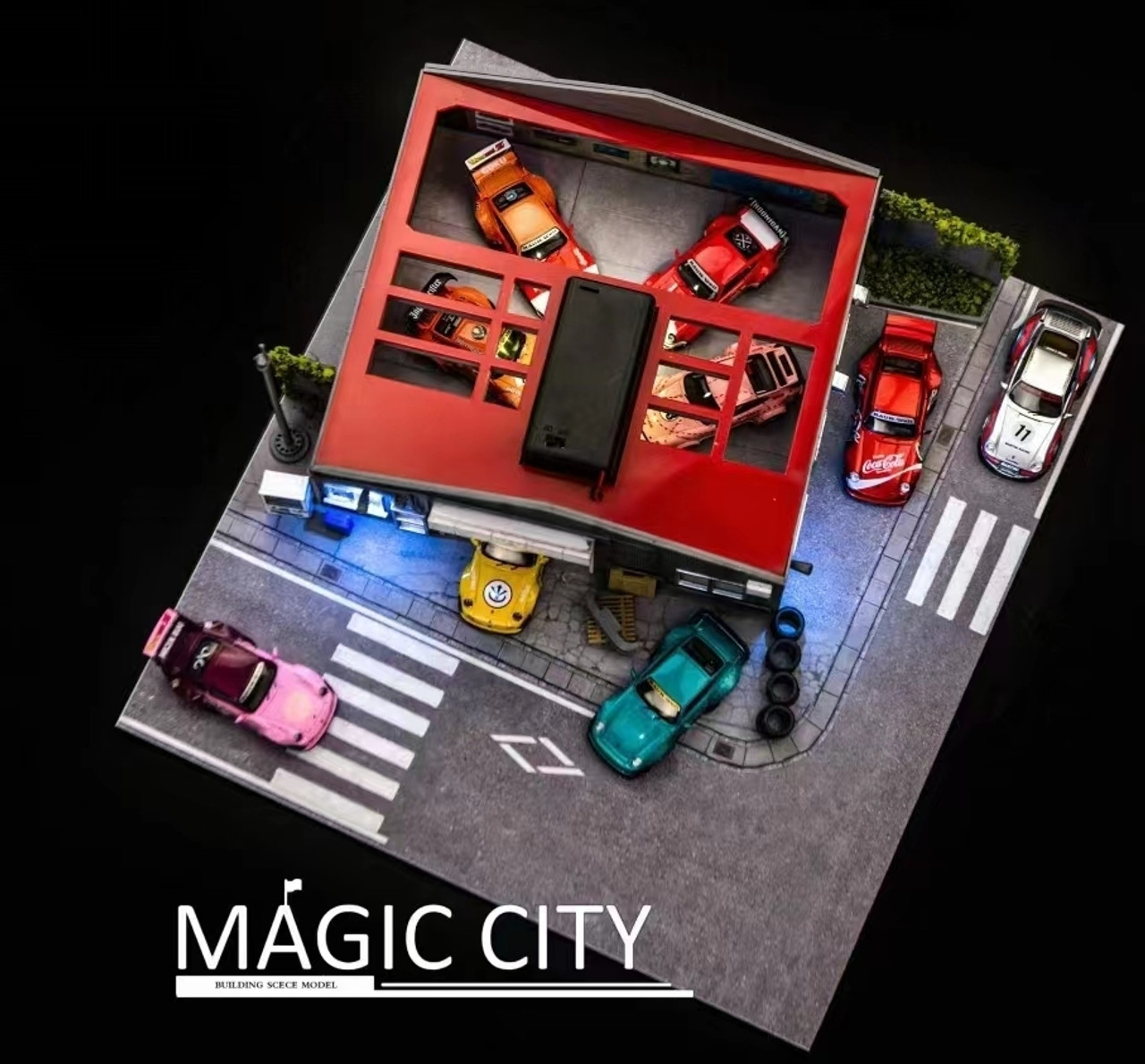 1/64 Magic City Porsche RWB RAUH-Welt Begriff Body Shop Diorama (cars & figures NOT included)