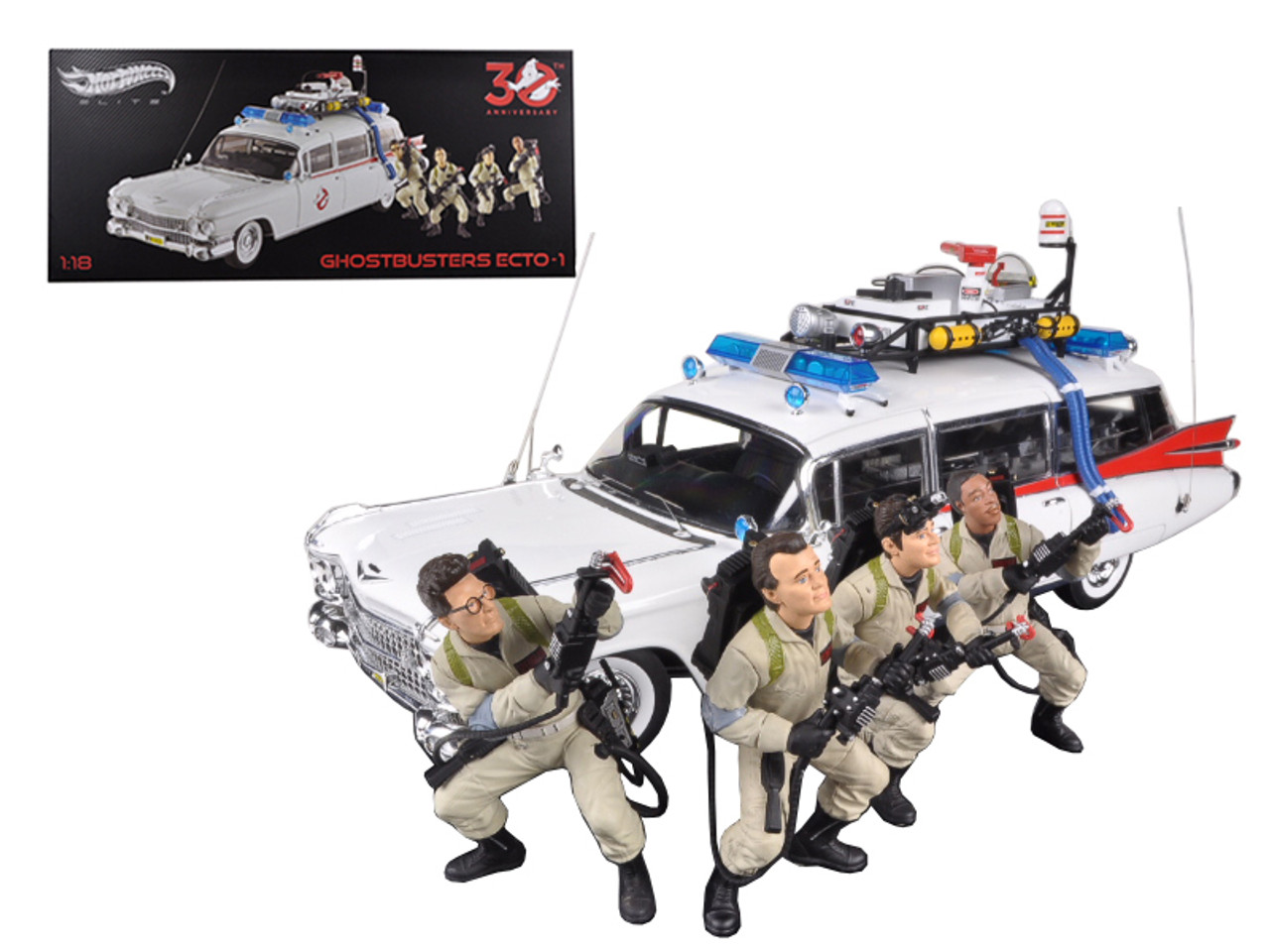 1/18 Hotwheels Hot Wheels Elite 1959 Cadillac Ambulance Ecto-1 From "Ghostbusters 1" Movie 30th Anniversary with 4 Figures Diecast Car Model